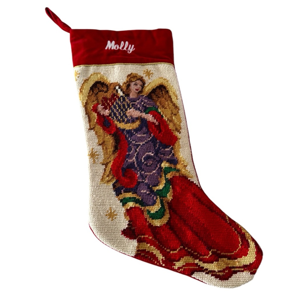 JCPenney Needlepoint Christmas Stocking Angel‎ Harp Wings Personalized Molly